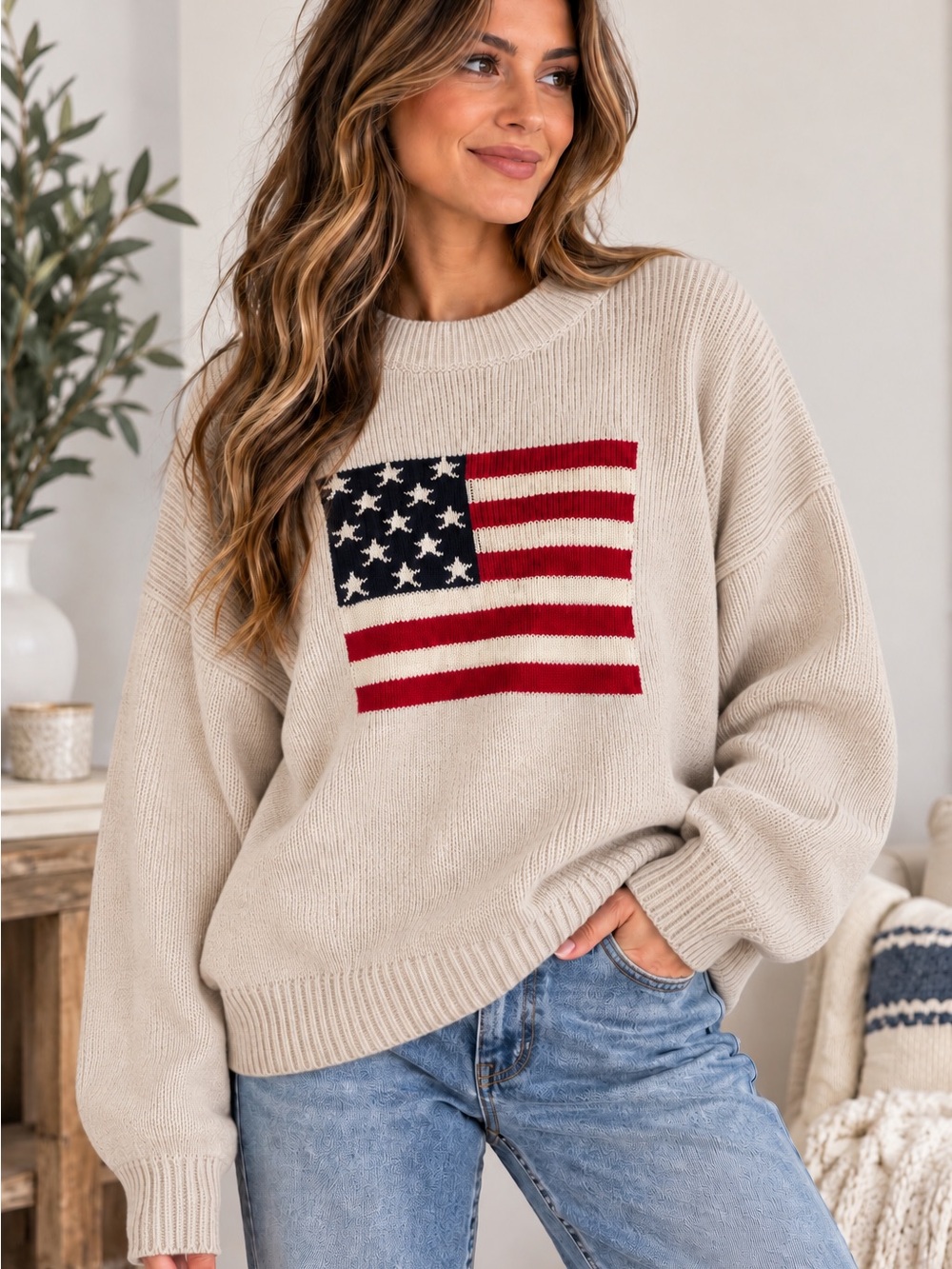 Zenana Outfitters Light Beige Crewneck Sweater with Flag Motif